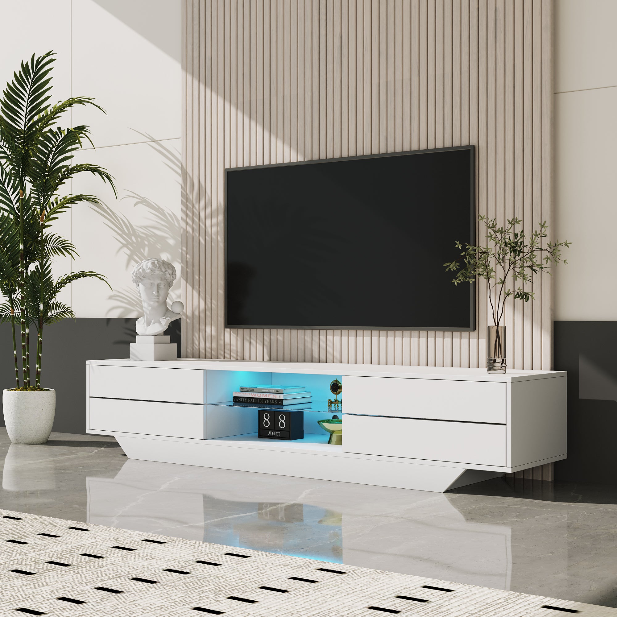 Harmony Haven High Gloss TV Stand In White Featured With Multi LED Lighting