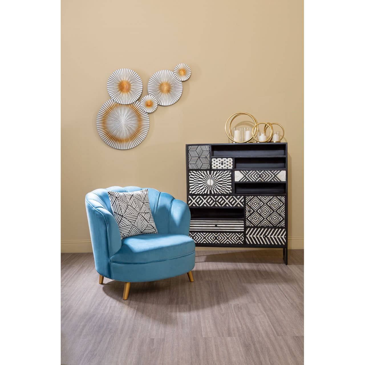 Orlina Blue Velvet Chair With Gold Wood Legs