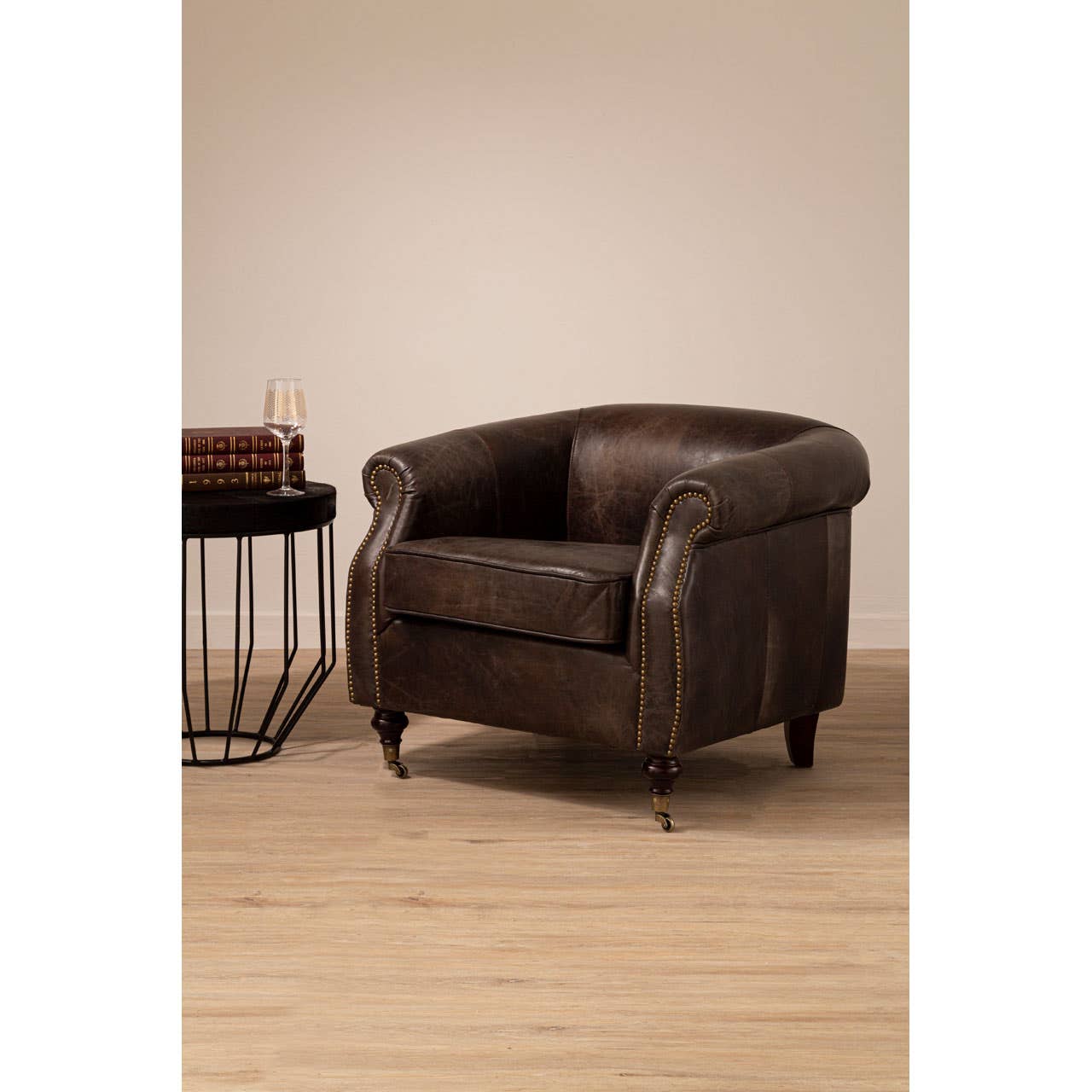 VICTOR GREY LEATHER WINGED ARMCHAIR