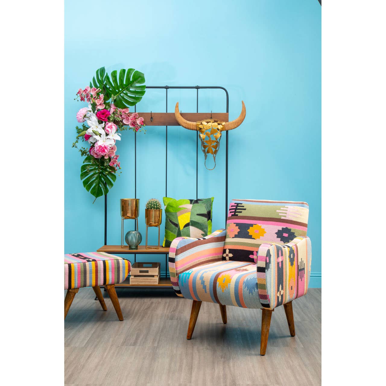 Cefena Multi-coloured Fabric Chair With Mango Wood Legs
